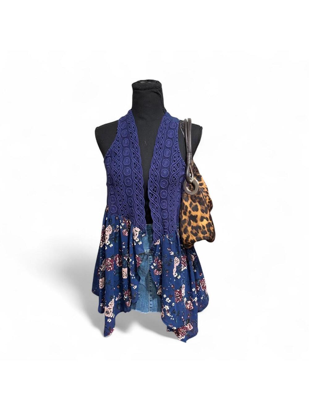 Self Esteem Blue Floral Crochet Waterfall Vest Boho Indie Womens S